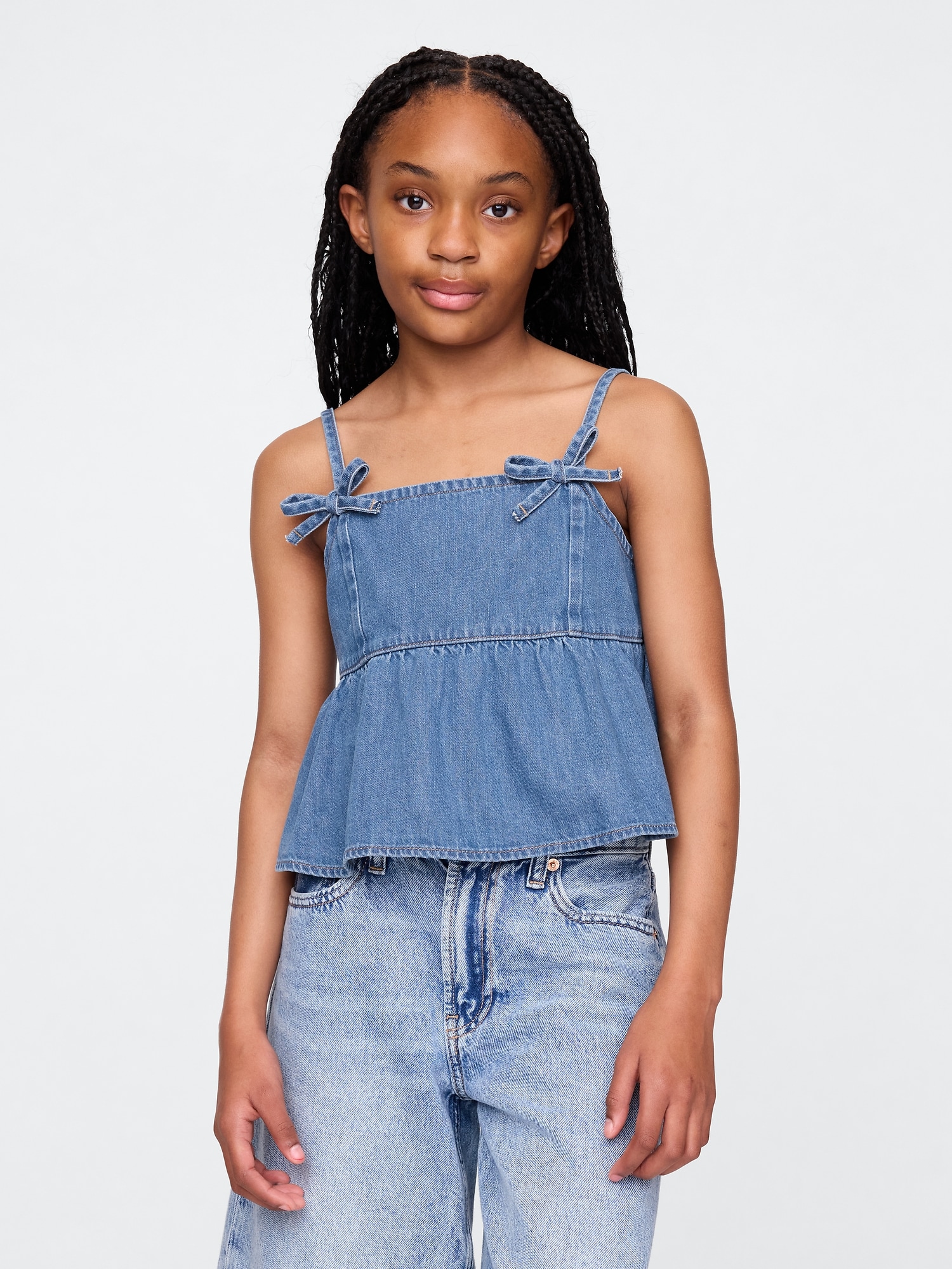 Kids Denim Bow-Strap Peplum Top