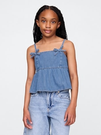 Kids Denim Bow-Strap Peplum Top