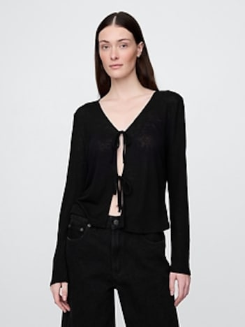 Linen-Blend Tie-Front Cardigan