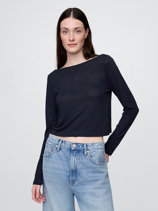 Image number 1 showing, Linen-Blend Cropped Boatneck T-Shirt