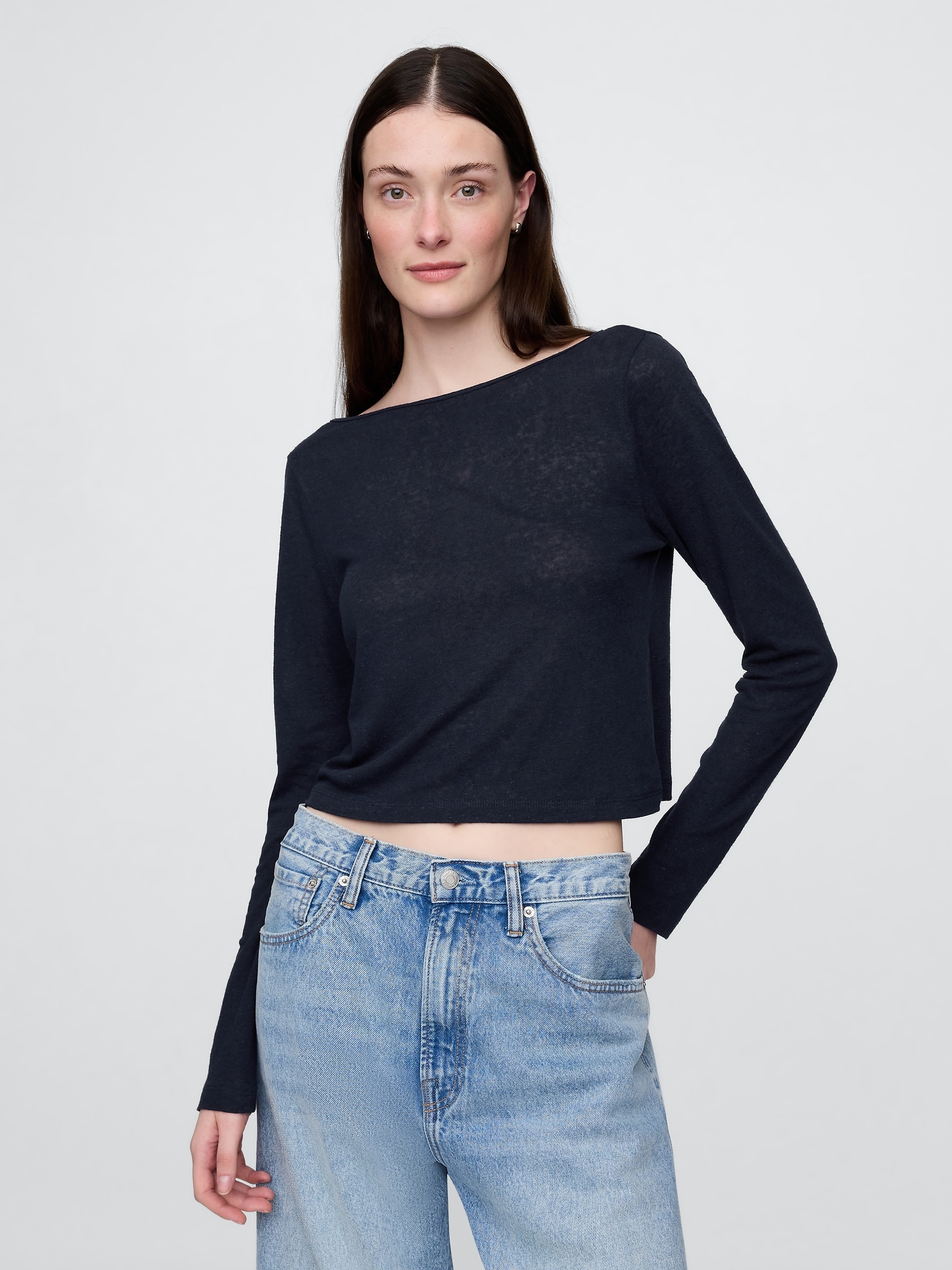 Linen-Blend Cropped Boatneck T-Shirt