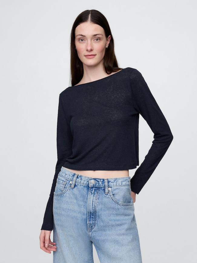 Linen-Blend Cropped Boatneck T-Shirt
