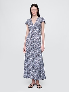 Crepe Tiered V-Neck Maxi Dress