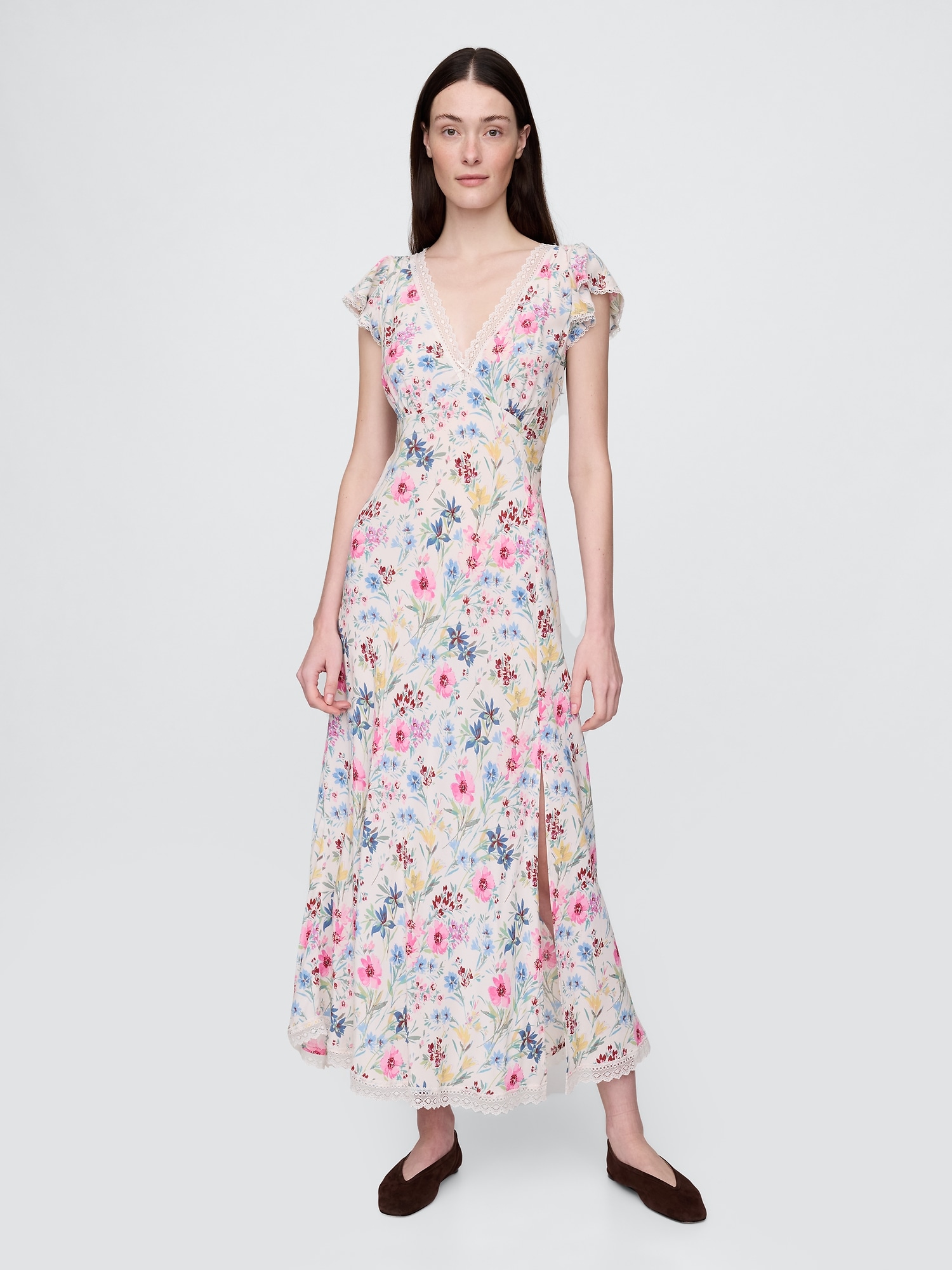 Gap Crepe Lace-trim V-neck Maxi Dress In Multi Color Floral