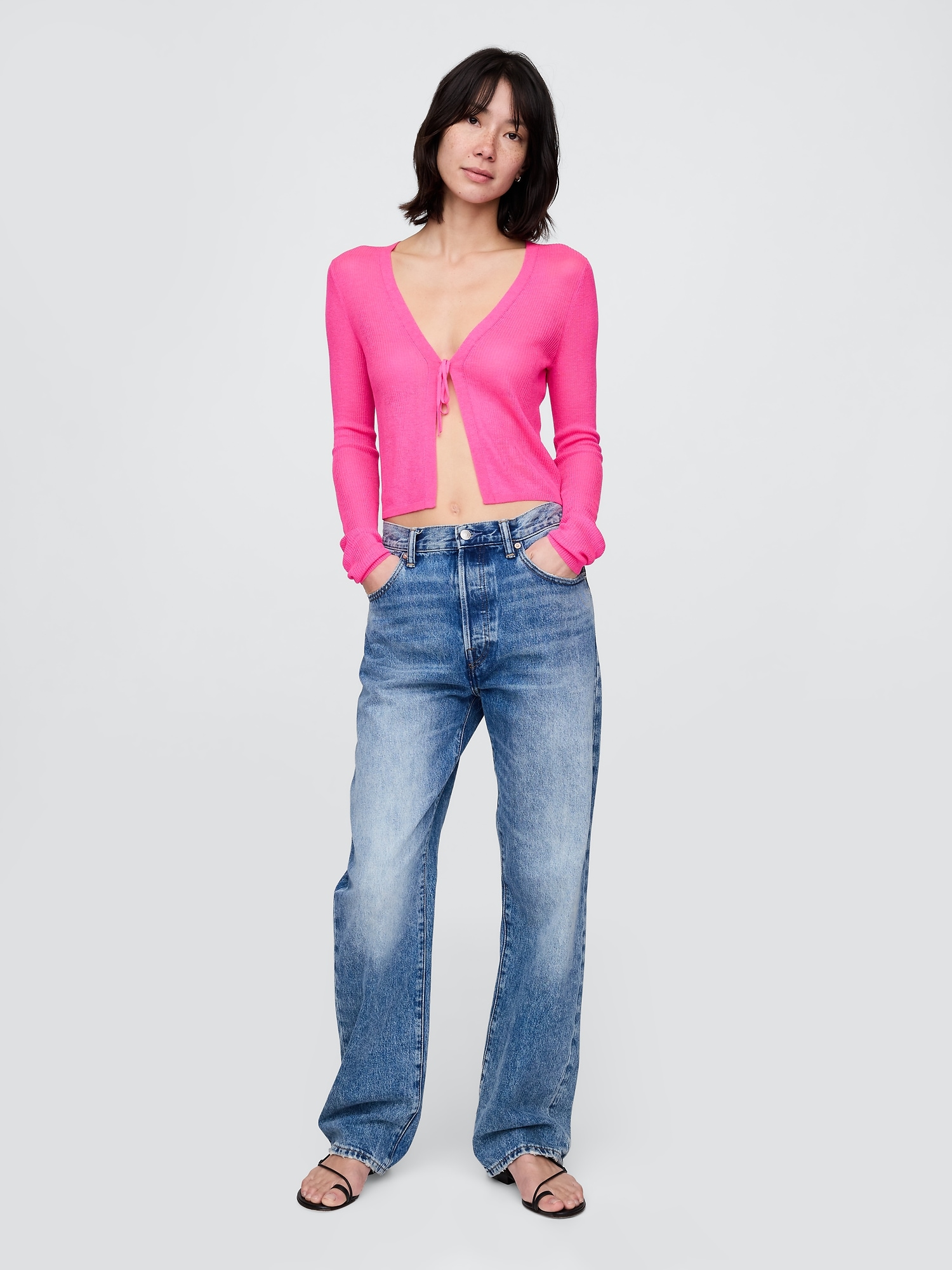 Женский кардиган Gap Sheer Rib Tie-Front Crop Cardigan, цвет: Розовый — фото 2