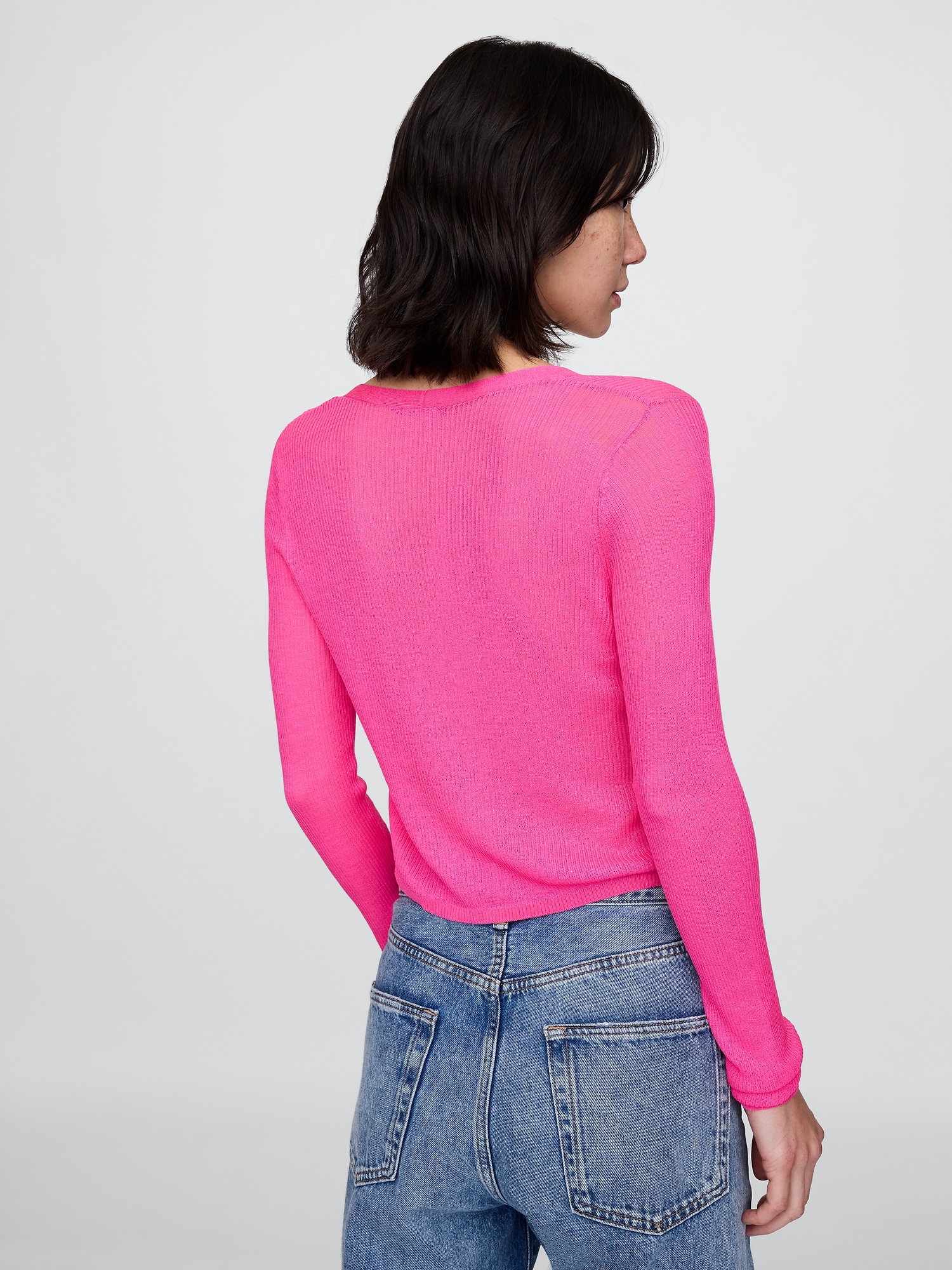 Женский кардиган Gap Sheer Rib Tie-Front Crop Cardigan, цвет: Розовый — фото 3