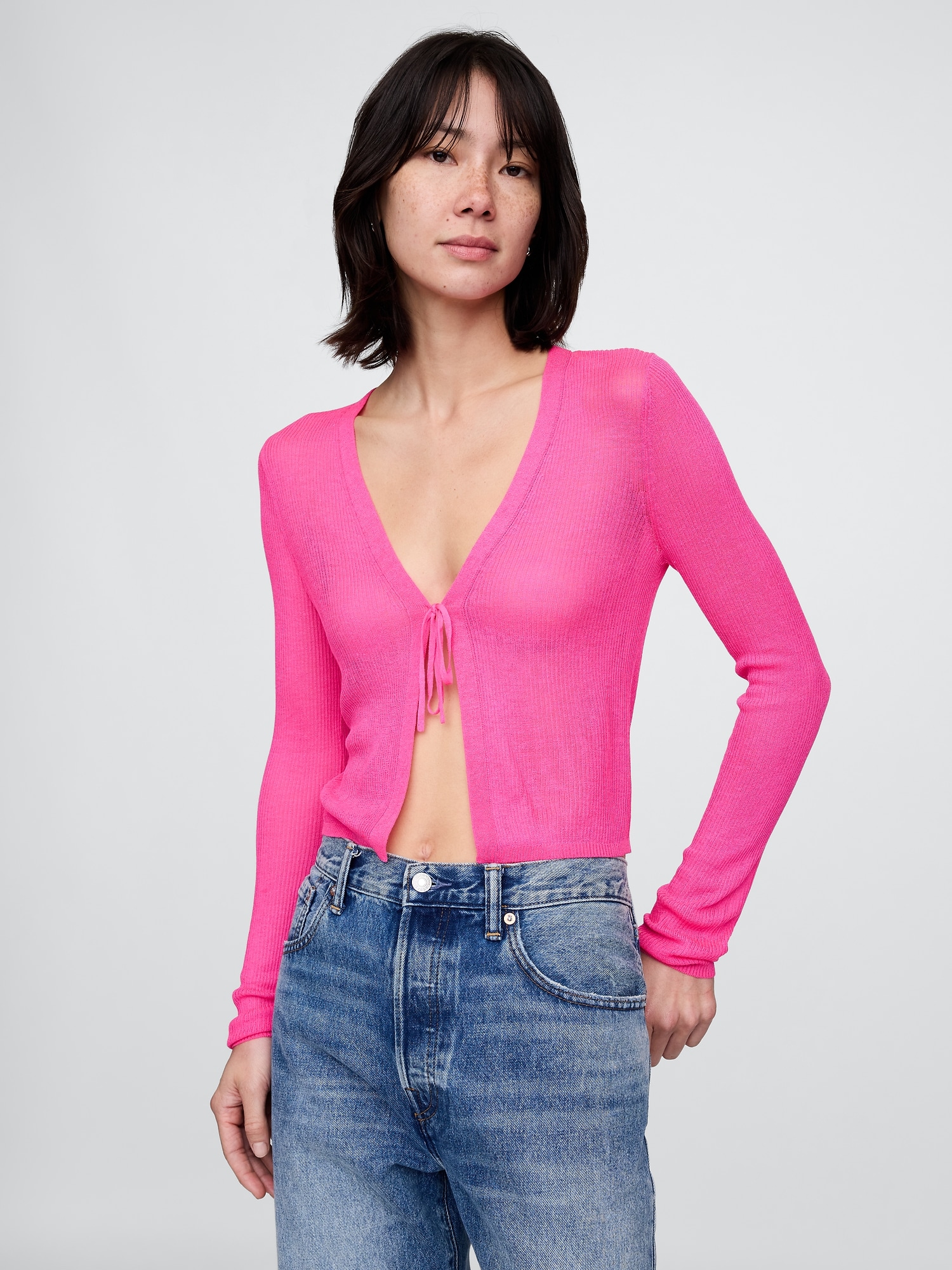 Sheer Rib Cropped Tie-Front Cardigan Sweater