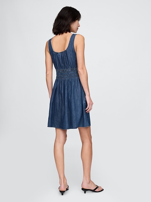 Image number 2 showing, Denim Tie-Front Smocked Waist Mini Dress