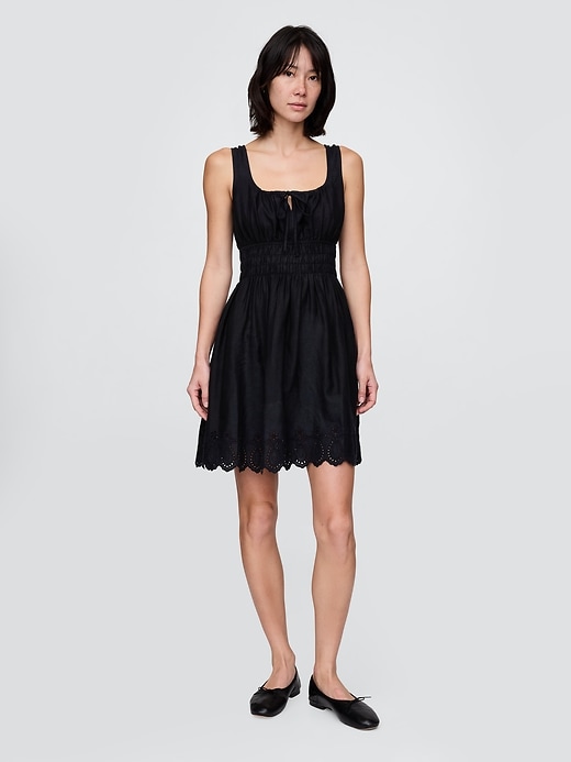 Image number 1 showing, Linen-Blend Smocked Mini Dress