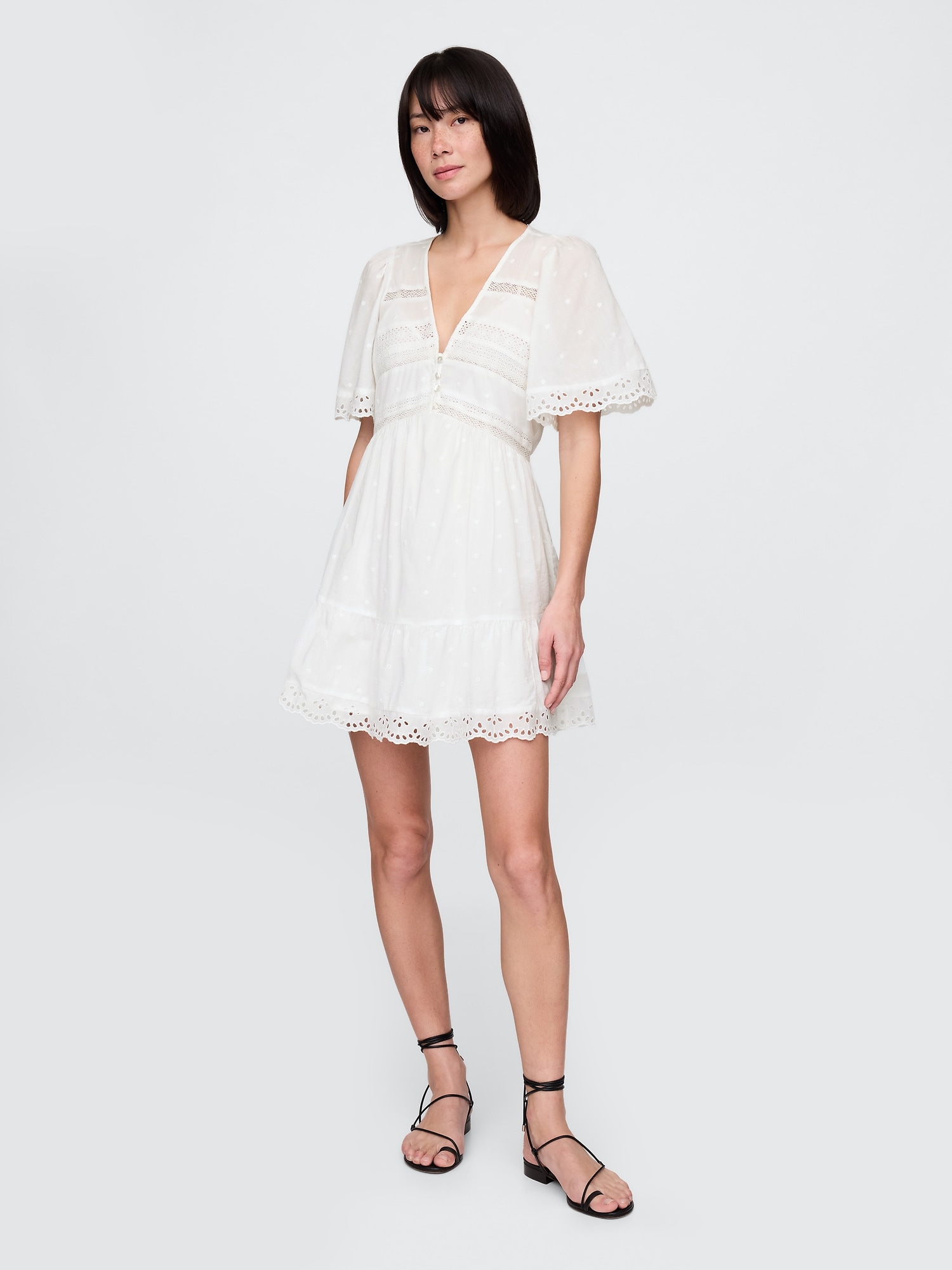 Flutter-Sleeve Eyelet Mini Dress