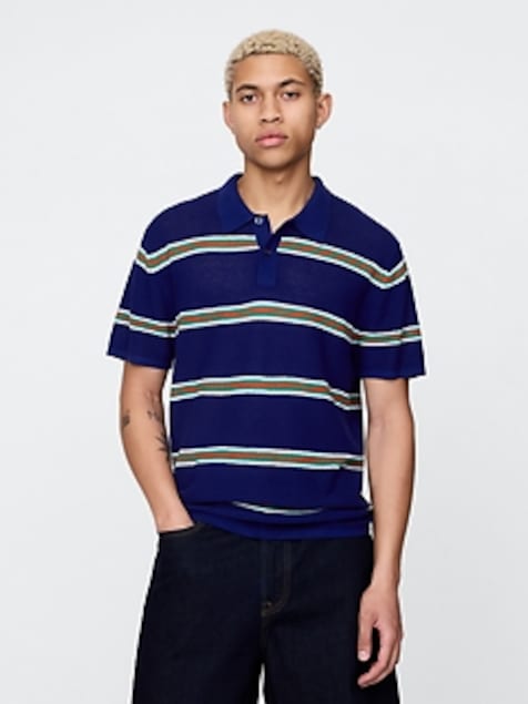 Textured Crochet Polo Sweater
