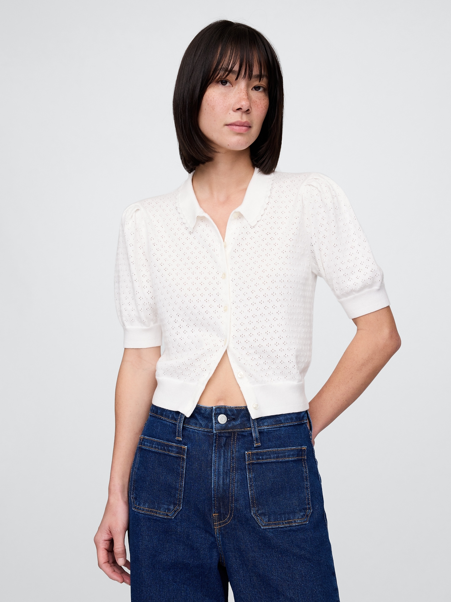 100% Cotton Cropped Pointelle Cardigan