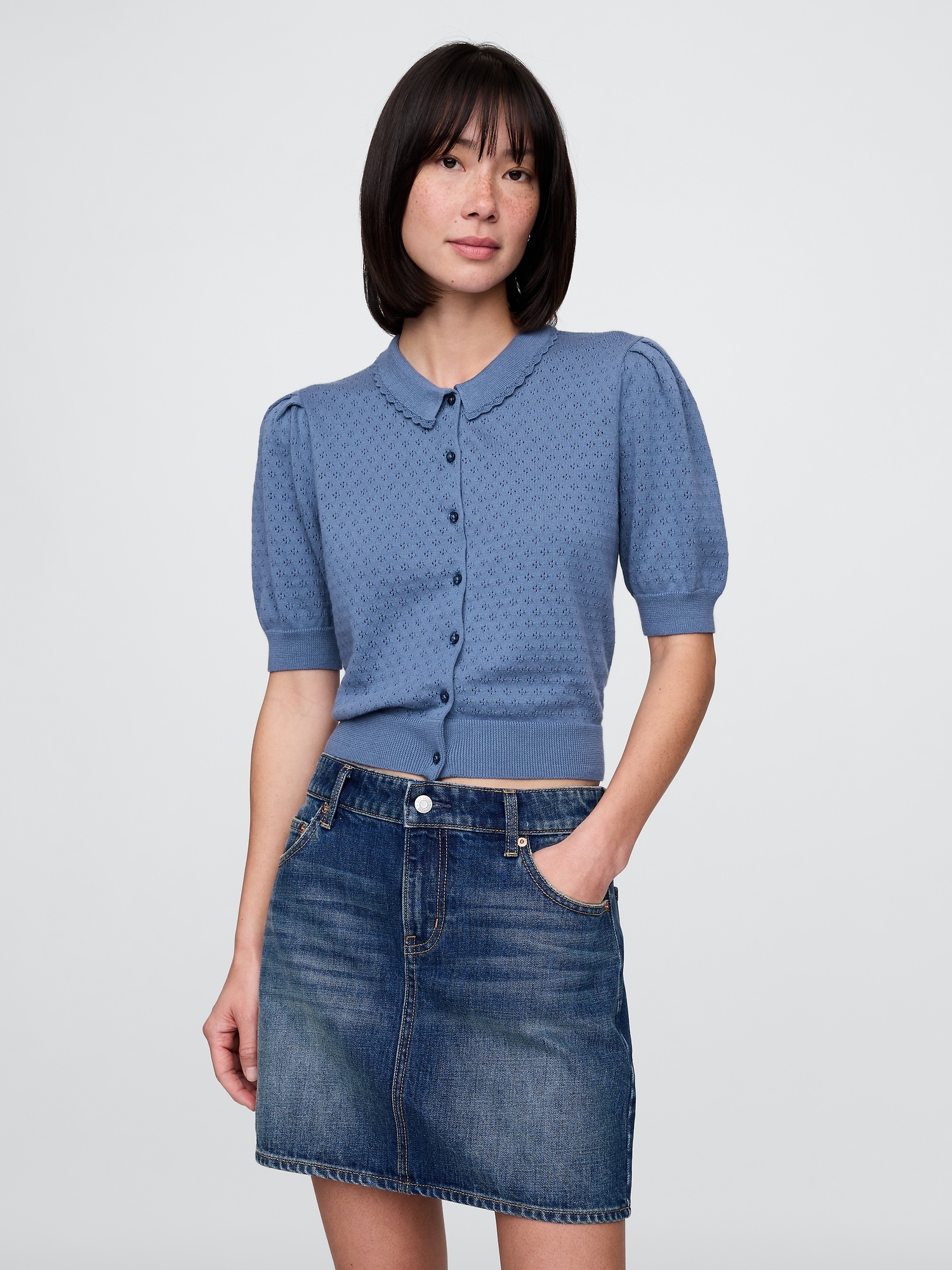 100% Cotton Cropped Pointelle Cardigan