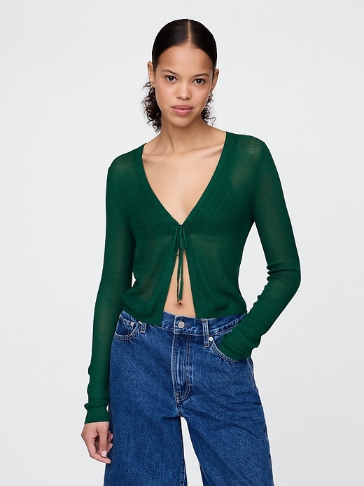 Image number 1 showing, Sheer Rib Cropped Tie-Front Cardigan