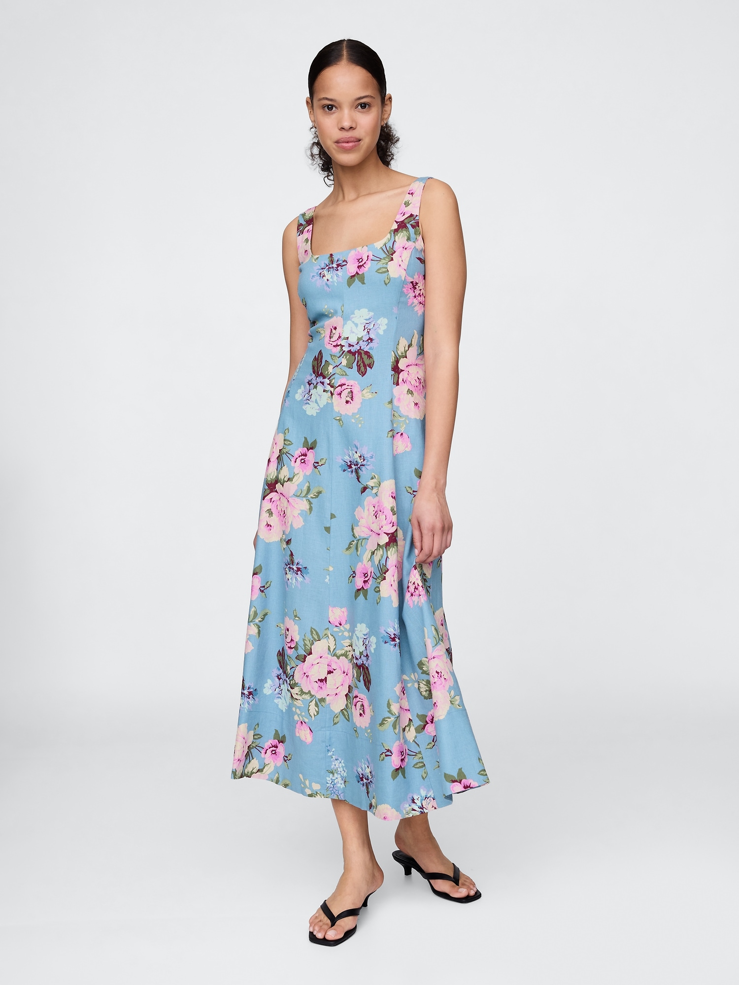 Linen-Blend Square-Neck Maxi Dress