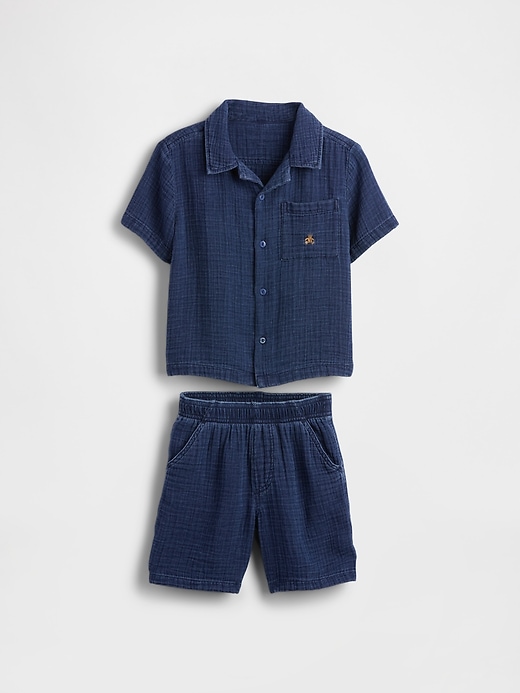 Image number 2 showing, Baby & Toddler Crinkle Gauze Denim Outfit Set