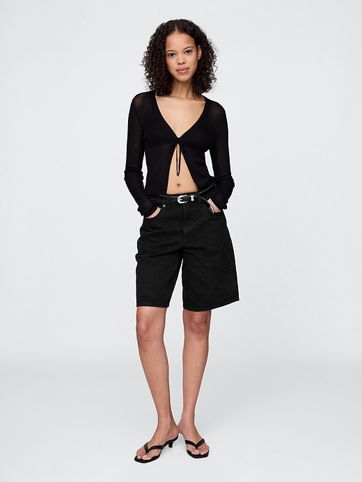 Image number 2 showing, Sheer Rib Cropped Tie-Front Cardigan Sweater