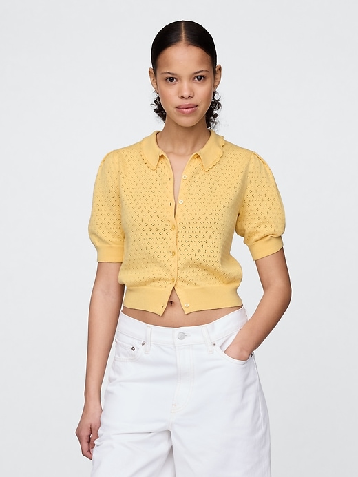 Image number 1 showing, 100% Cotton Cropped Pointelle Cardigan