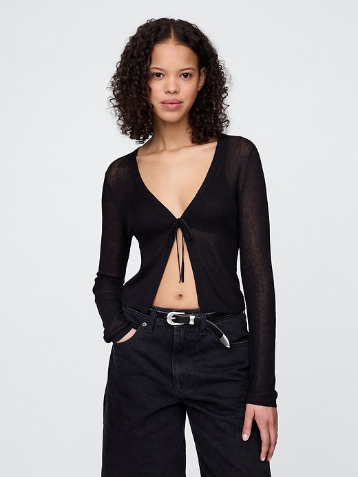 Image number 1 showing, Sheer Rib Cropped Tie-Front Cardigan Sweater