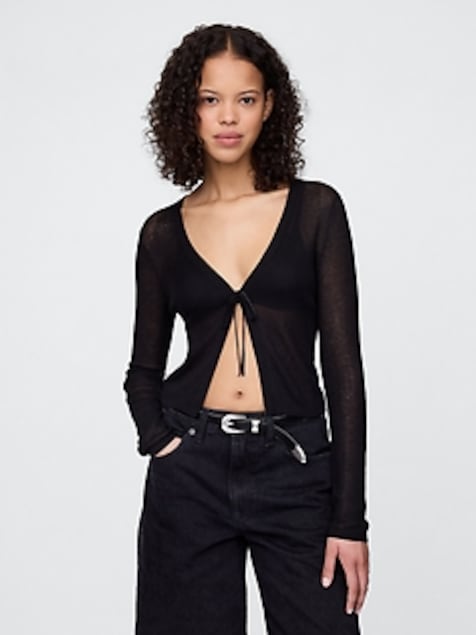 Sheer Rib Tie-Front Crop Cardigan Sweater