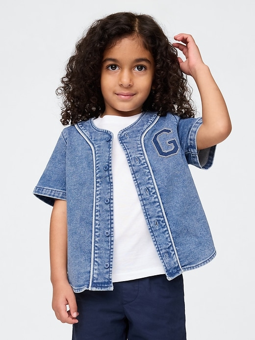 1 of 8 showing, with the color Medium wash of product Baby & Toddler Denim Logo Baseball Jersey