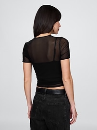 ★GUBIN★ W Mesh Crop Short Sleeve T-Shirt Short Sleeve Neon Mesh Fishnet Crop Top Tshirt (Small) at
