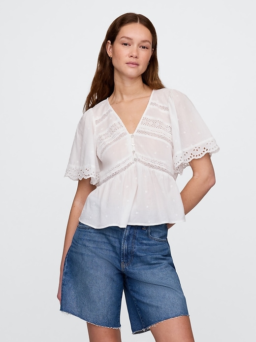 Image number 1 showing, Lace-Trim Flutter-Sleeve Top