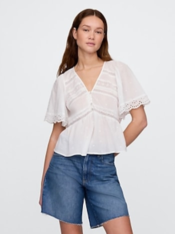 Lace-Trim Flutter-Sleeve Top