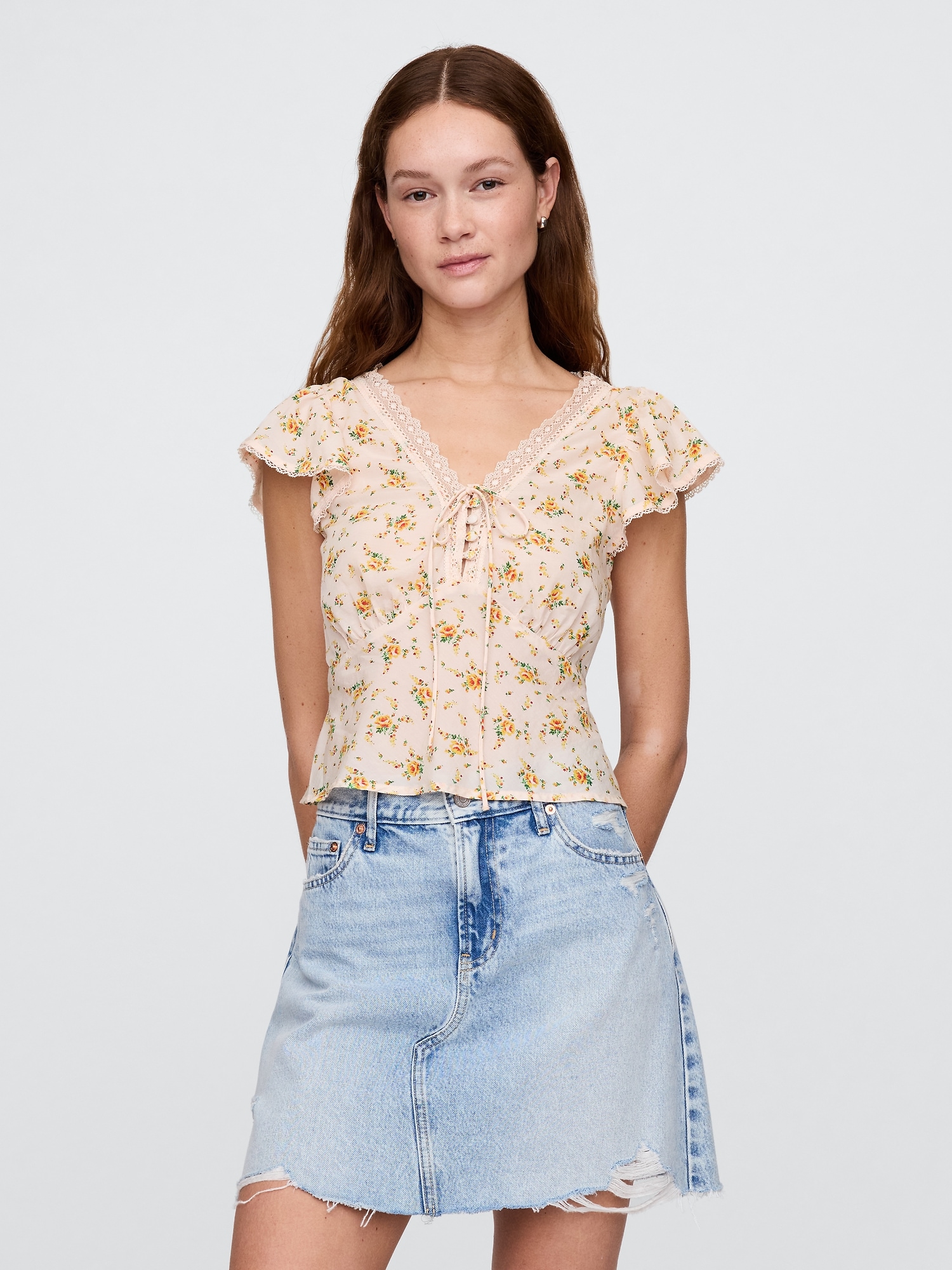 Lace-Trim Floral Top - Yellow