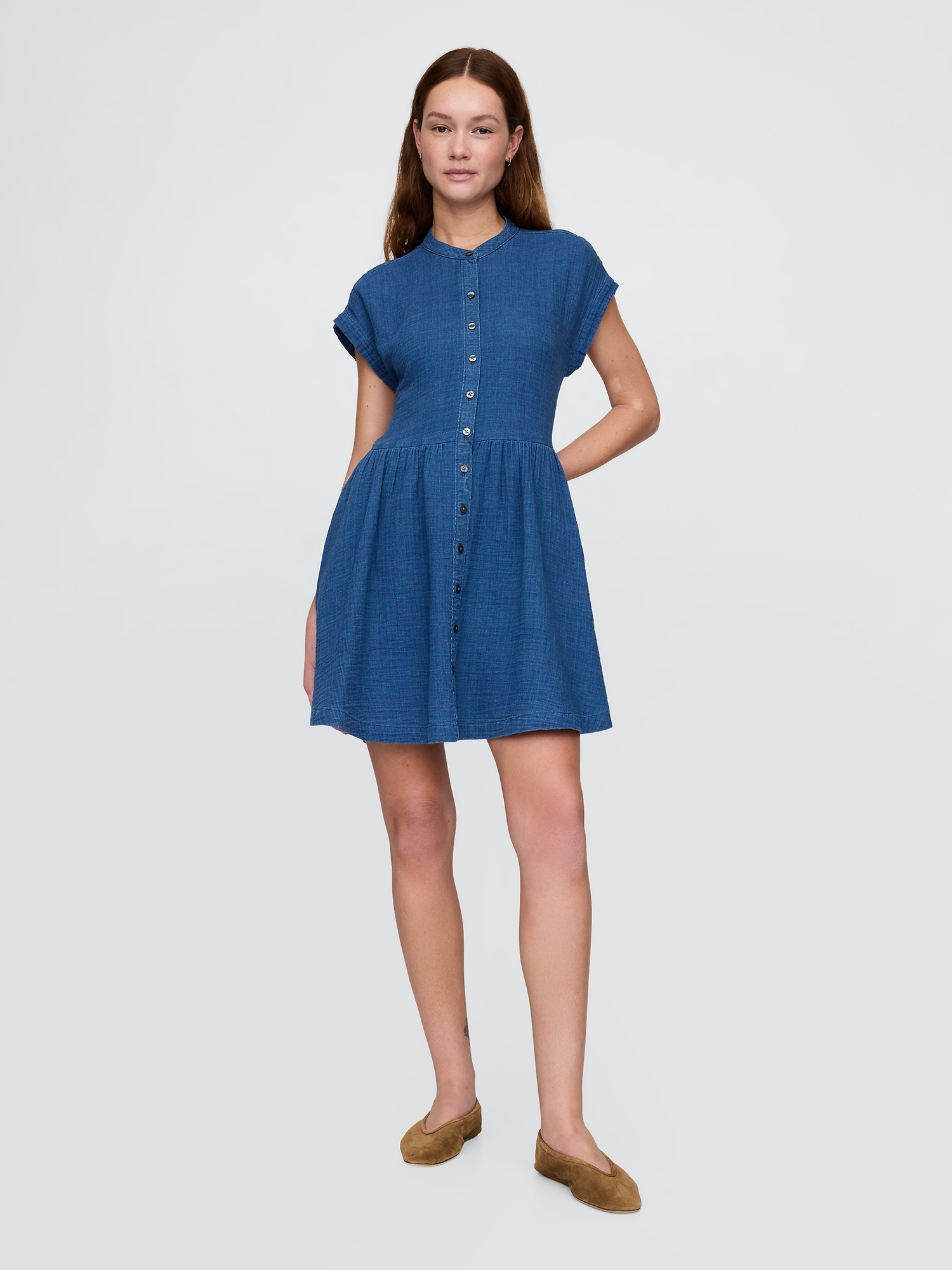 Crinkle Gauze Denim Mini Shirtdress