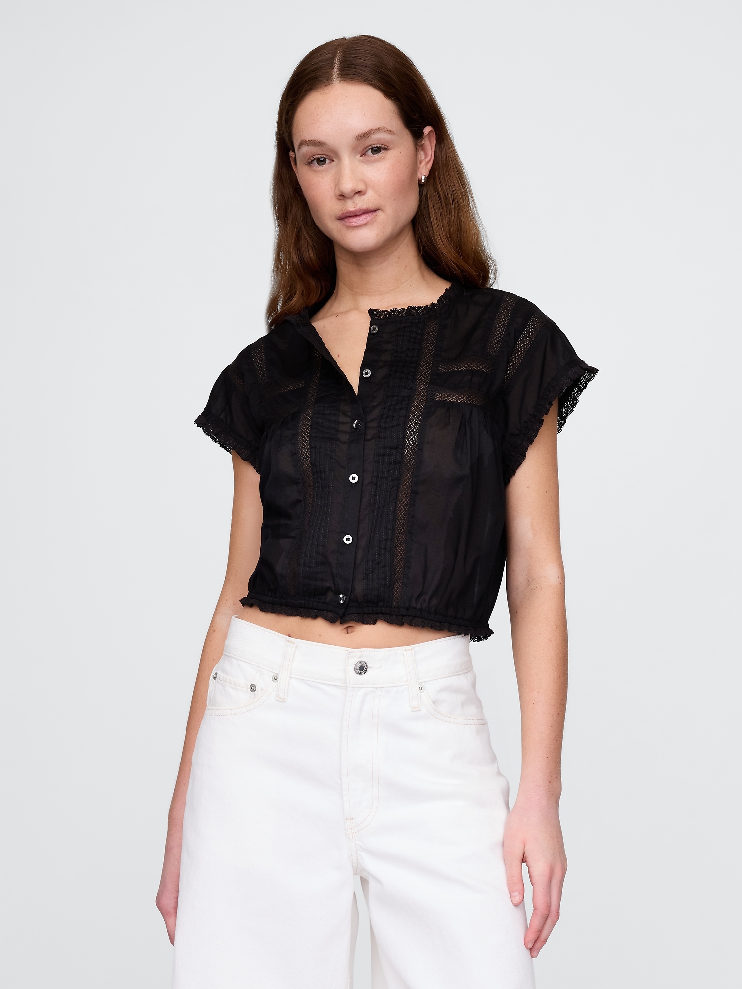 Cropped Ruffle Pintuck Top