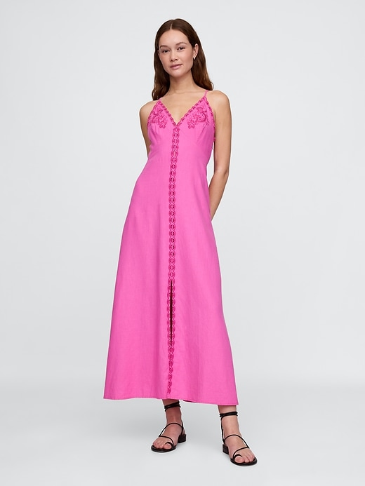 Image number 1 showing, Linen-Blend Embroidered Halter Maxi Dress