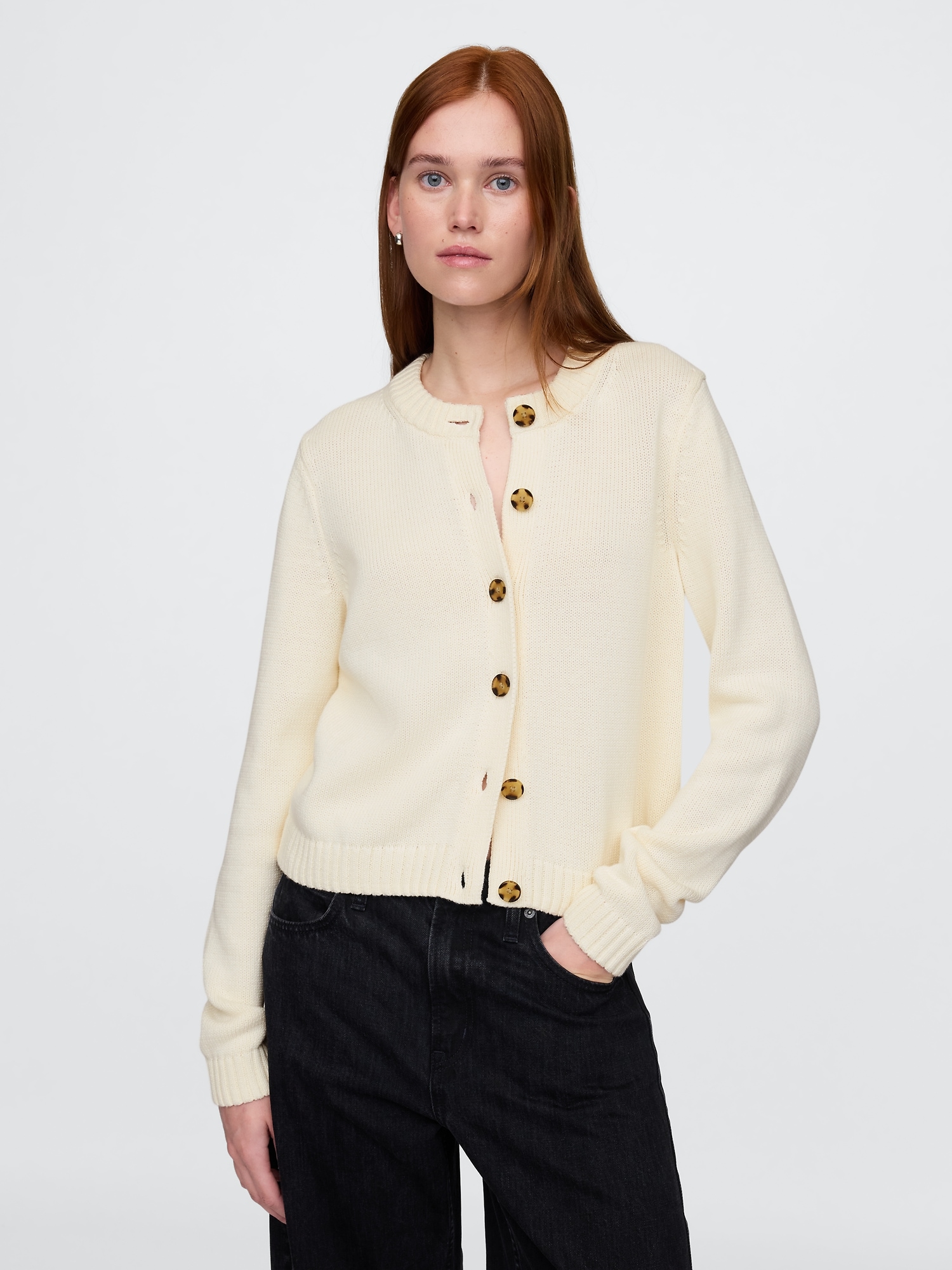Gap 100% Cotton Crewneck Cardigan In Ivory Beige Frost
