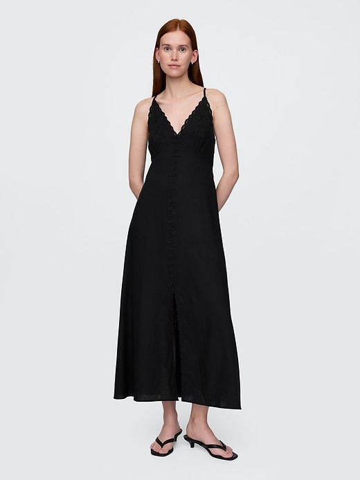 Image number 1 showing, Linen-Blend Embroidered Halter Maxi Dress