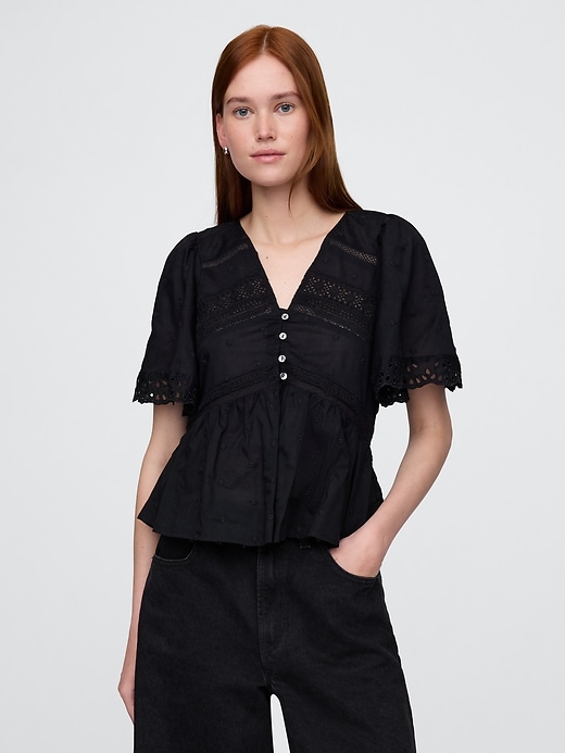 Image number 1 showing, Lace-Trim Flutter-Sleeve Top