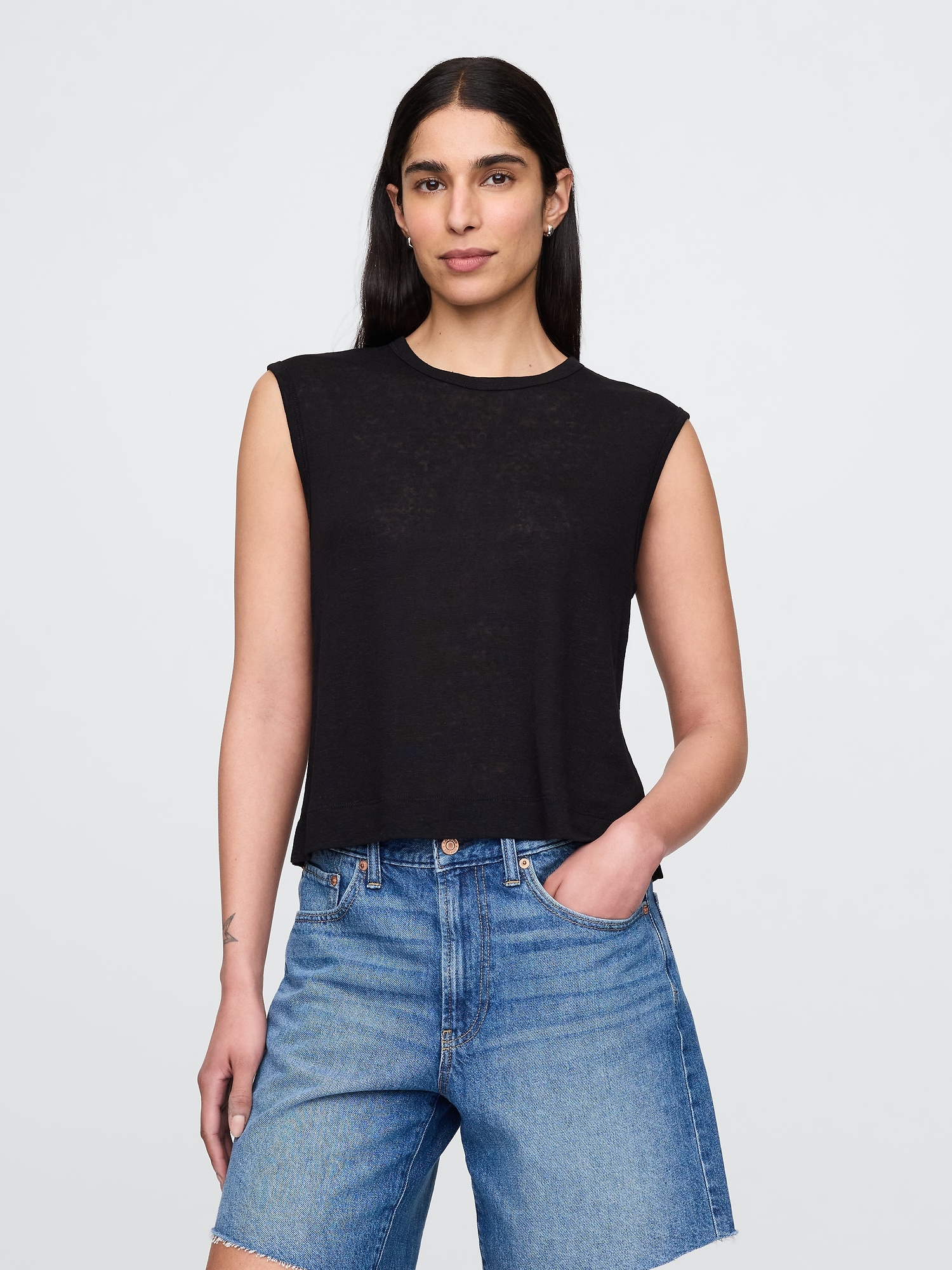 Linen-Blend Crewneck Shell Tank Top