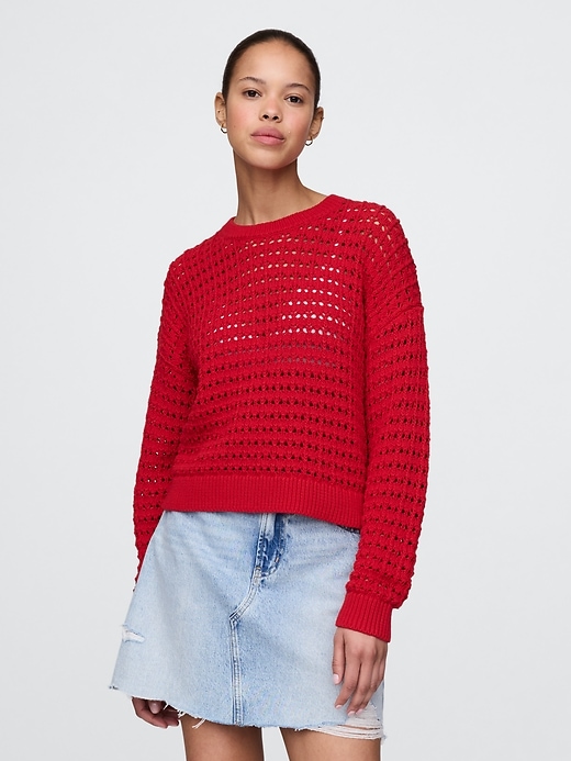 Image number 1 showing, 100% Cotton Crochet Crewneck Sweater