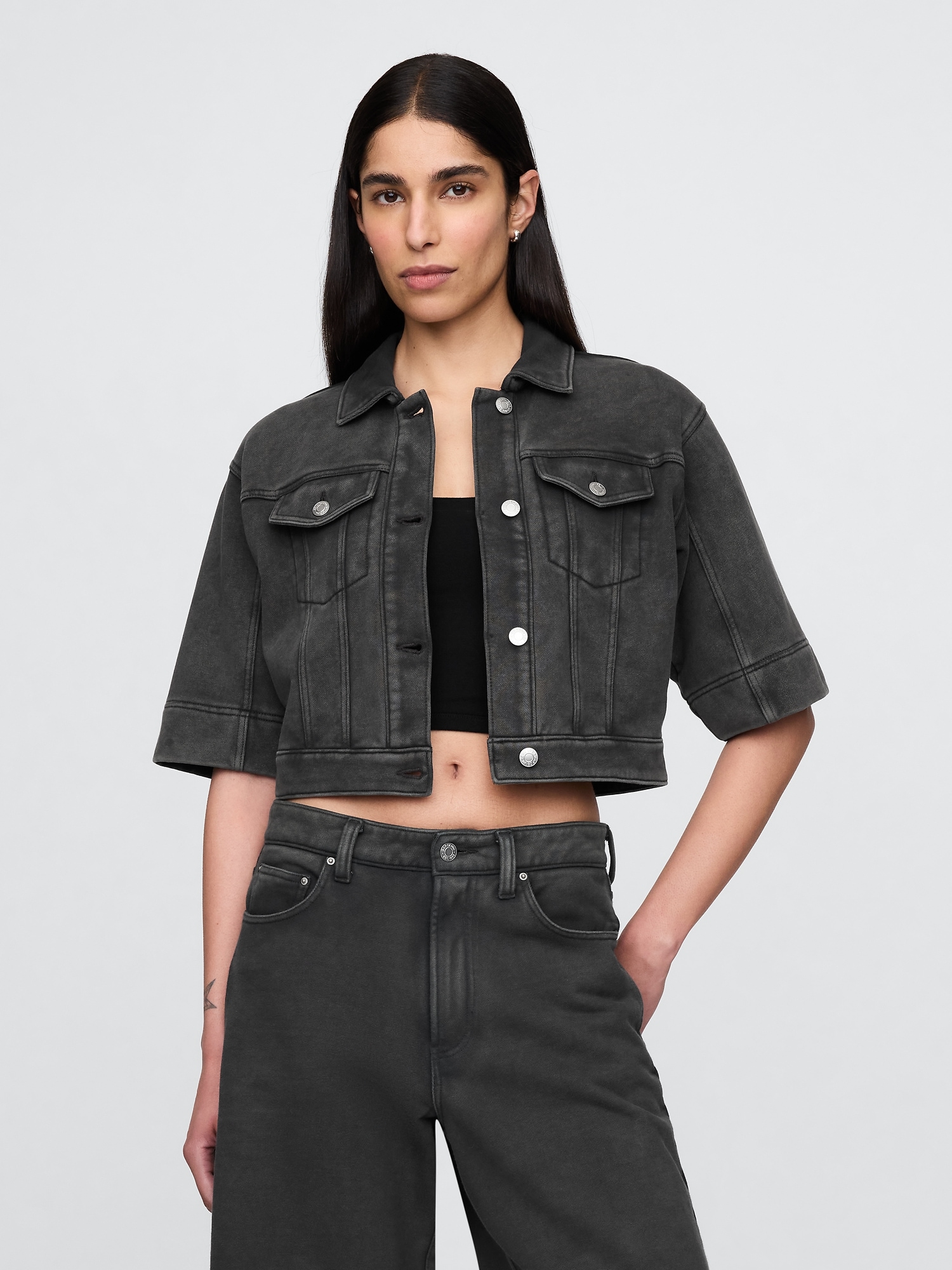 Gap Heavyweight French Terry Denim Cropped Jacket In Moonless Black Night