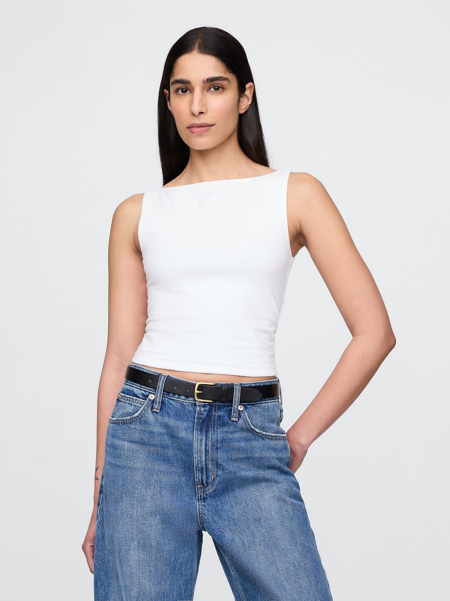 CloseKnit Jersey Cropped Boatneck Shell Tank Top