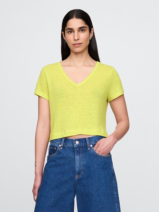 Image number 1 showing, Linen-Blend Cropped V-Neck T-Shirt
