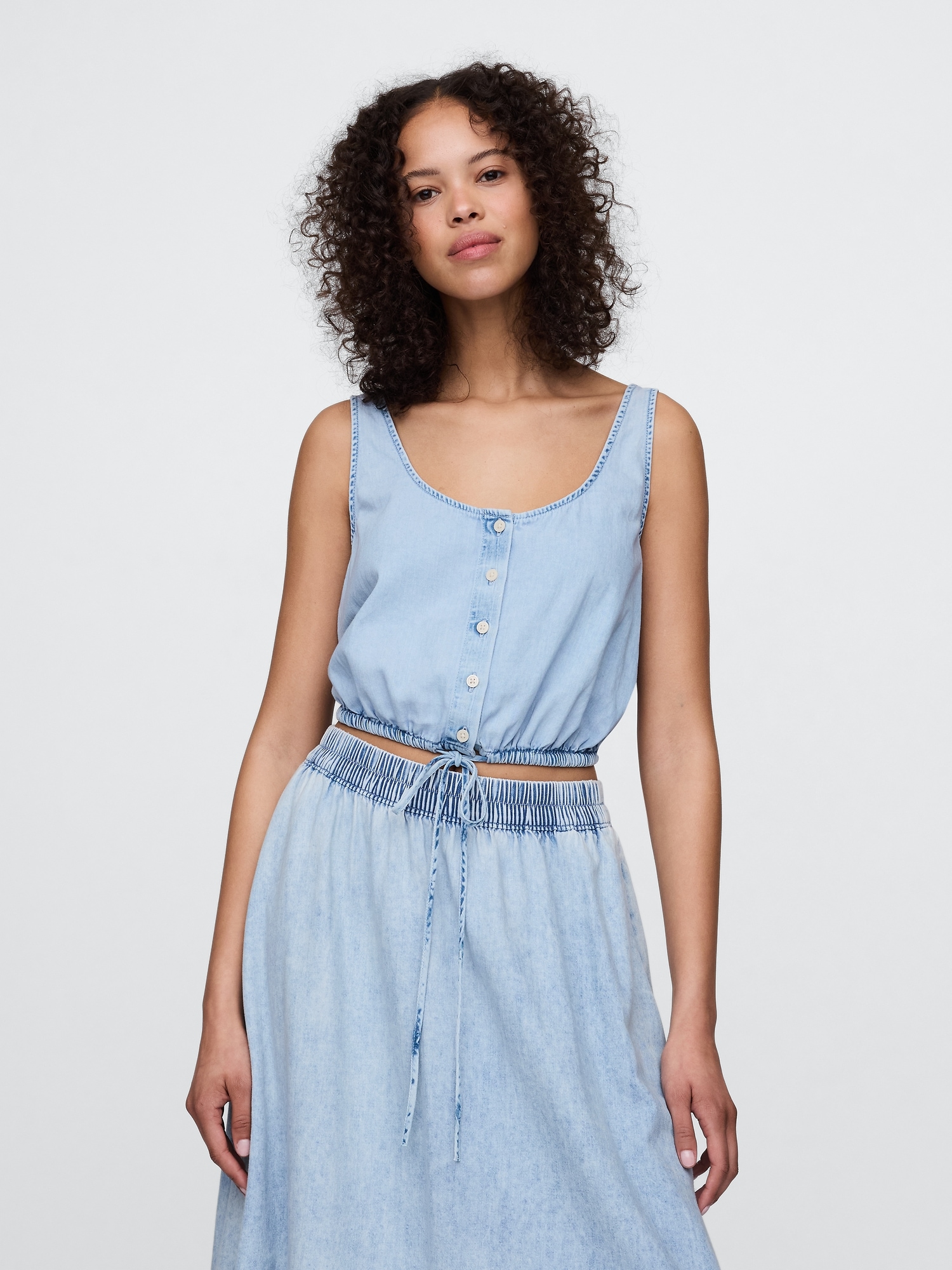 Denim Cinched-Hem Cropped Top