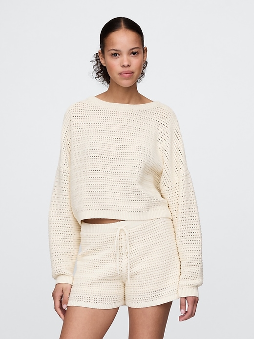 1 of 8 showing, with the color Ivory beige frost of product Crochet Cropped Boatneck Sweater