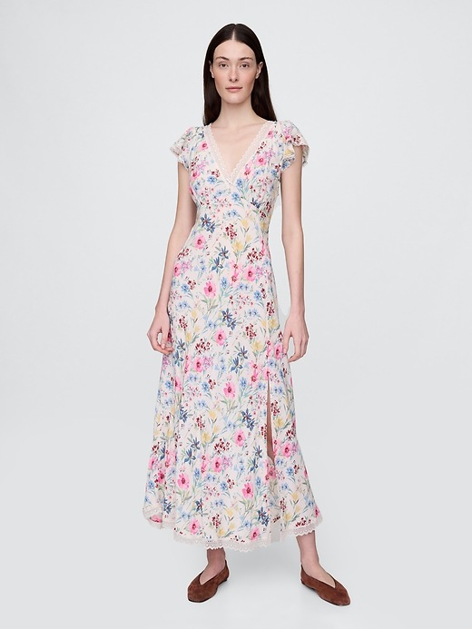 Lace-Trim V-Neck Crepe Maxi Dress