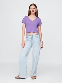 Linen-Blend V-Neck Crop T-Shirt