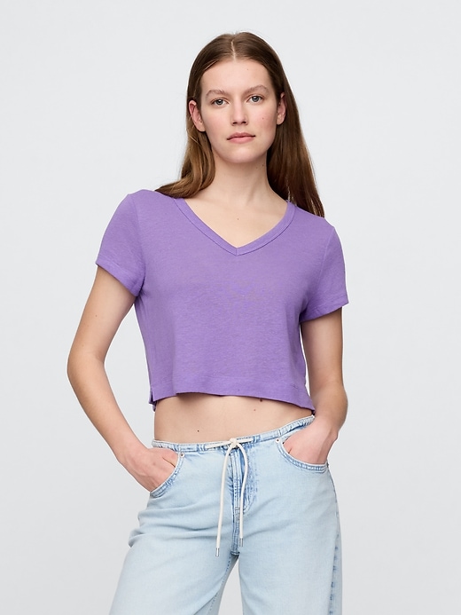 Image number 1 showing, Linen-Blend Cropped V-Neck T-Shirt