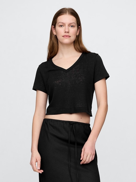 Image number 1 showing, Linen-Blend Cropped V-Neck T-Shirt