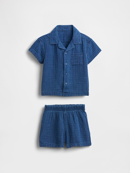 Image number 1 showing, Baby Crinkle Gauze Denim Outfit Set