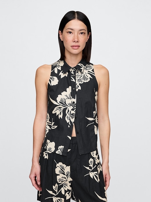 Image number 1 showing, Linen-Blend Sleeveless Button-Front Shirt