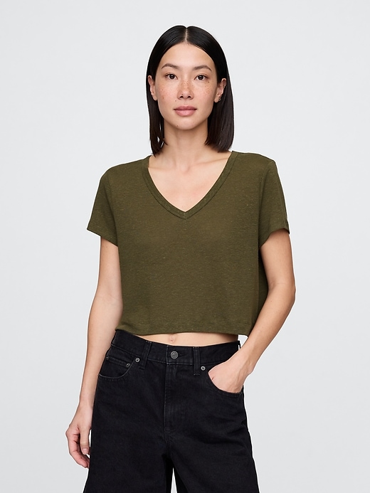Image number 1 showing, Linen-Blend Cropped V-Neck T-Shirt