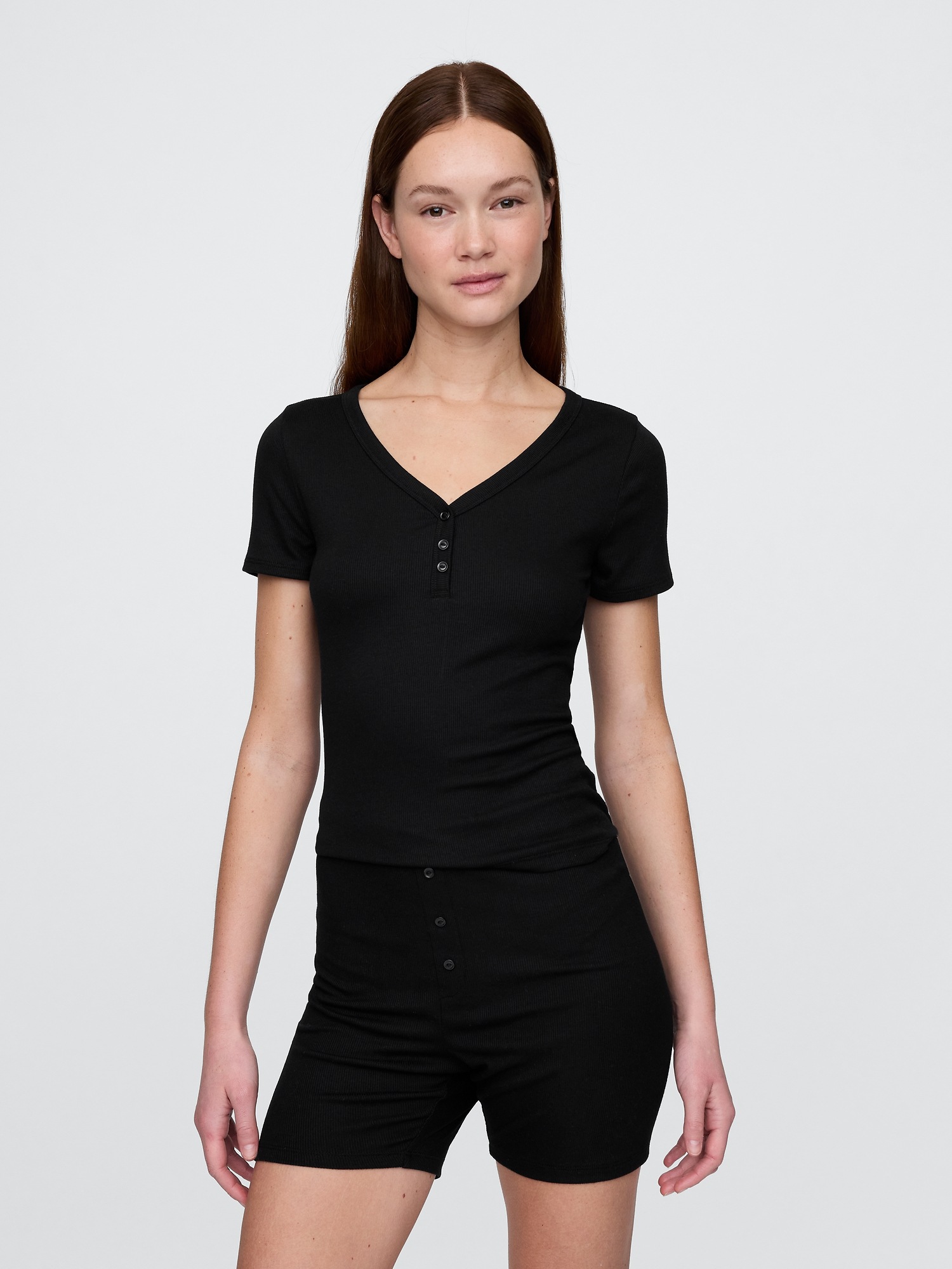 Gap Mini Rib Henley Pj Top In Black